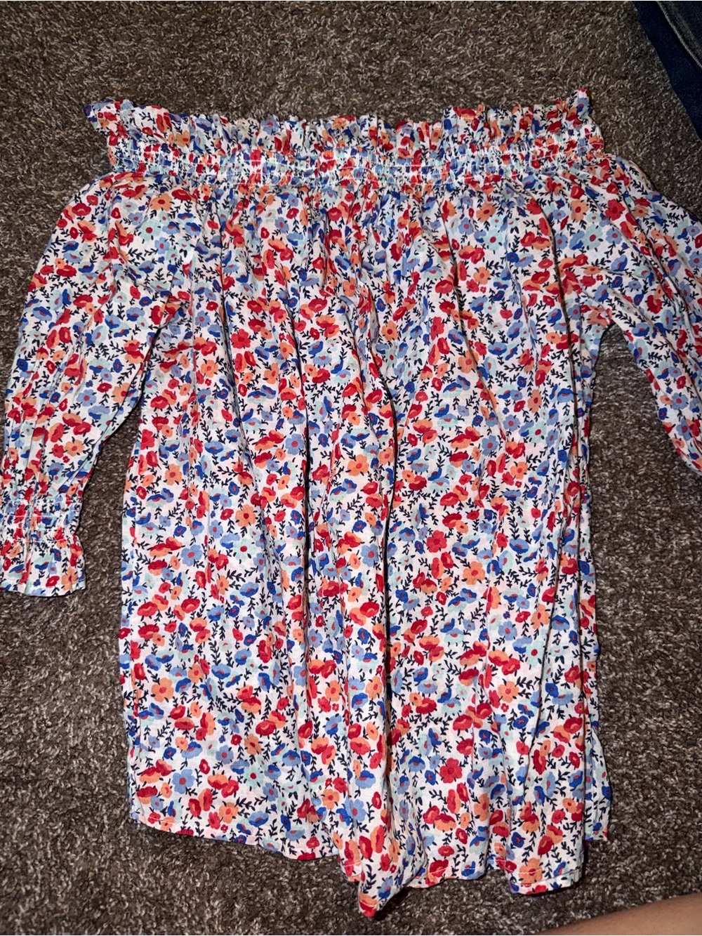 St. John's Bay White Off-Shoulder Floral Blouse with Red & Blue Blooms